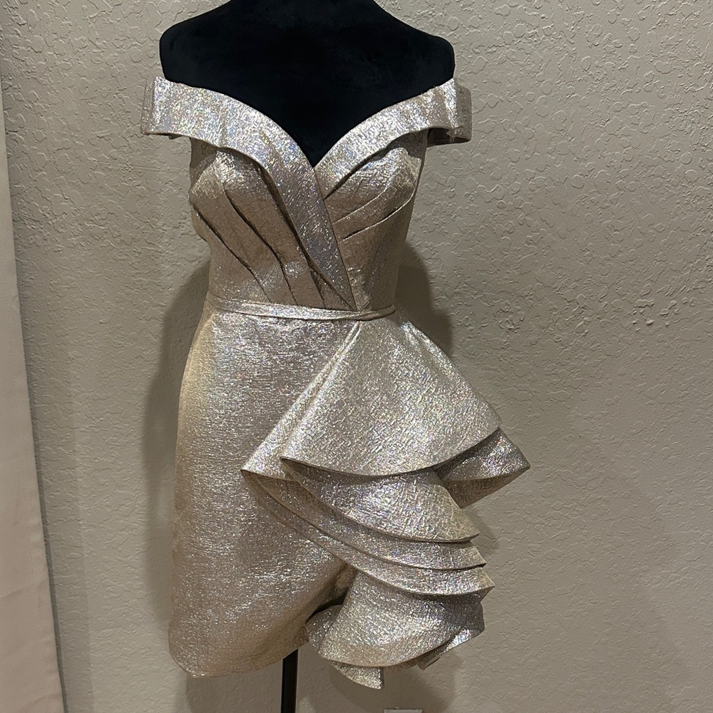 Mac Duggal Silver Off-Shoulder Mini Dress